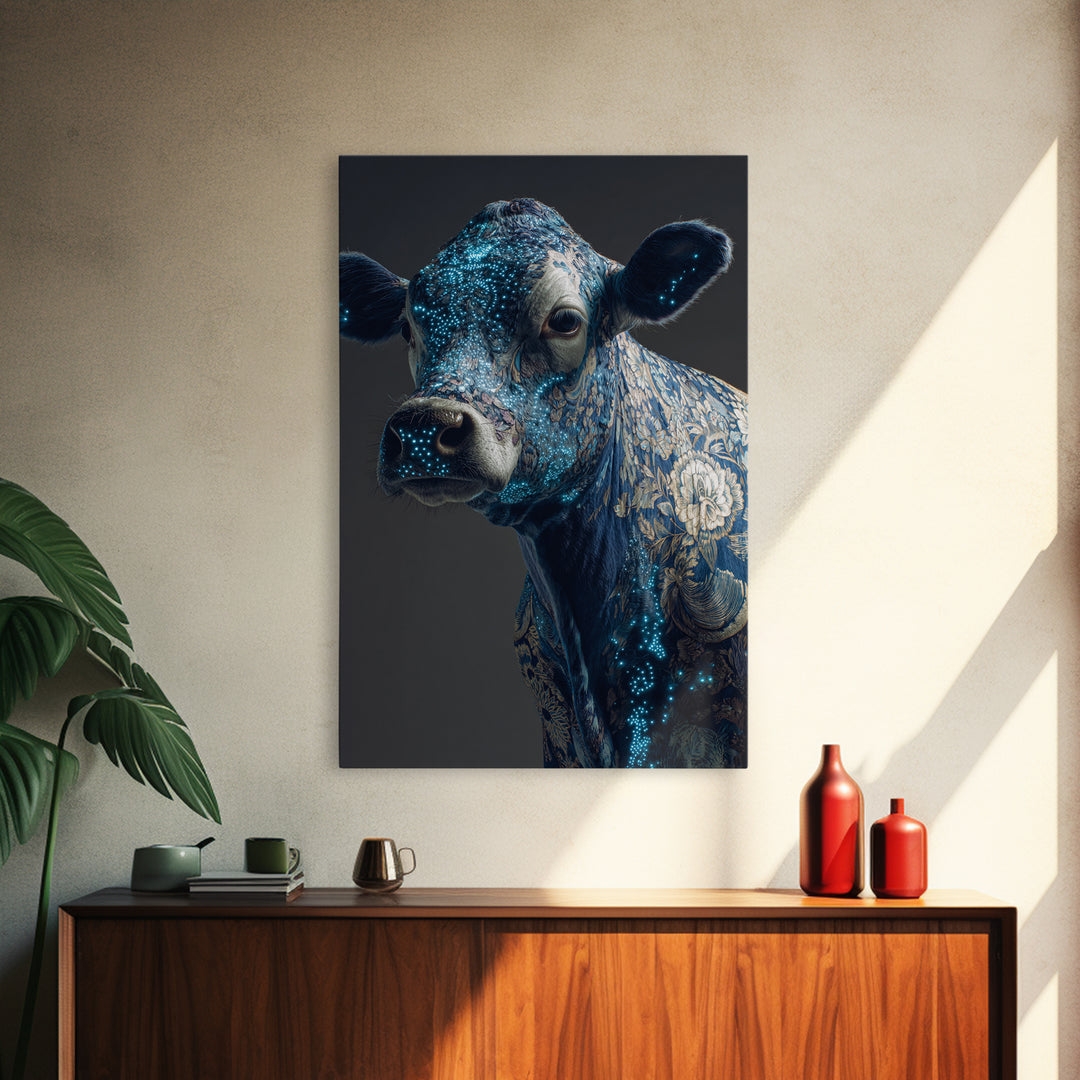 Blue Floral Cow Portrait Framed Canvas Print, Ornate Animal Wall Decor, Farmhouse Painting, Luxury Modern Home Decor Gift