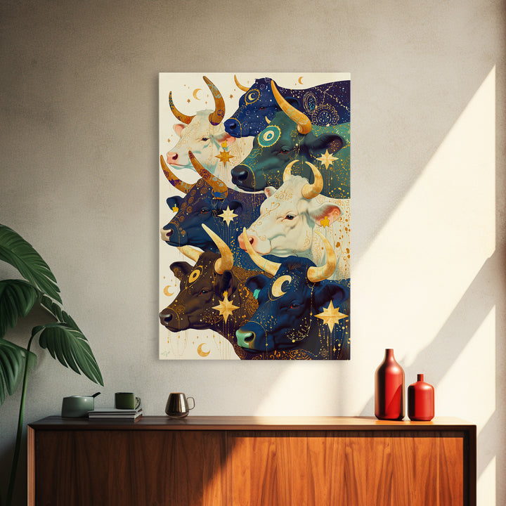 Celestial Herd Of Moonlit Cows Wall Art, Mystical Animal Canvas Print, Colorful Farm Decor, Whimsical Stars And Moons Poster