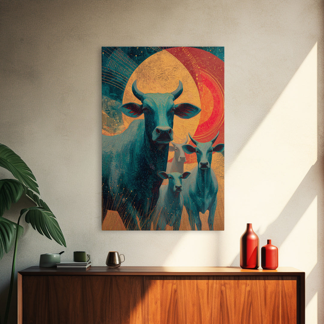 Retro Teal Cattle Family Canvas Print, Orange Sun Animal Wall Decor, Southwestern Farm Painting, Bold Living Room Art Gift