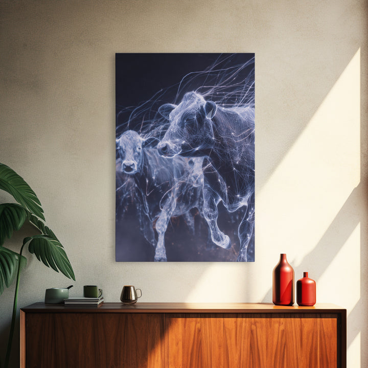 Glowing Running Cows Wall Art, Ethereal Blue Animal Canvas Print, Motion Study Farm Decor, Dreamy Modern Statement Piece