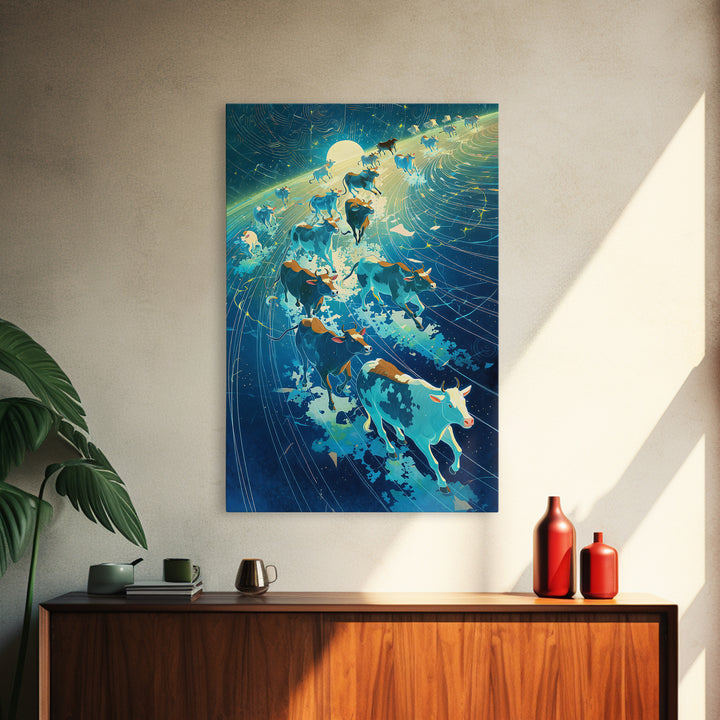 Cosmic Cattle Herd In Motion Wall Art, Blue Galaxy Animal Canvas Print, Dynamic Farm Decor, Unique Living Room Statement