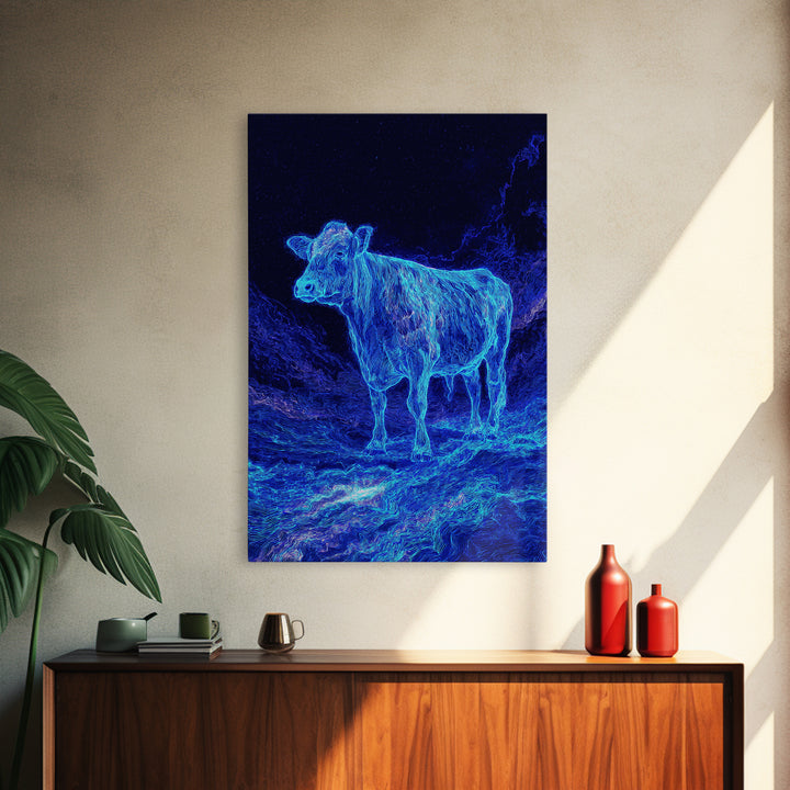 Electric Blue Cow Landscape Canvas Print, Neon Animal Wall Art, Mystical Night Farm Decor, Modern Nature Scene Painting Gift