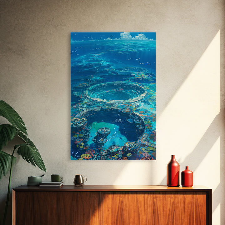 Underwater Ocean City With Coral Reef, Canvas Print, Blue Beach Art, Modern Wall Decor, Living Room Art, Unique Home Decor Gift