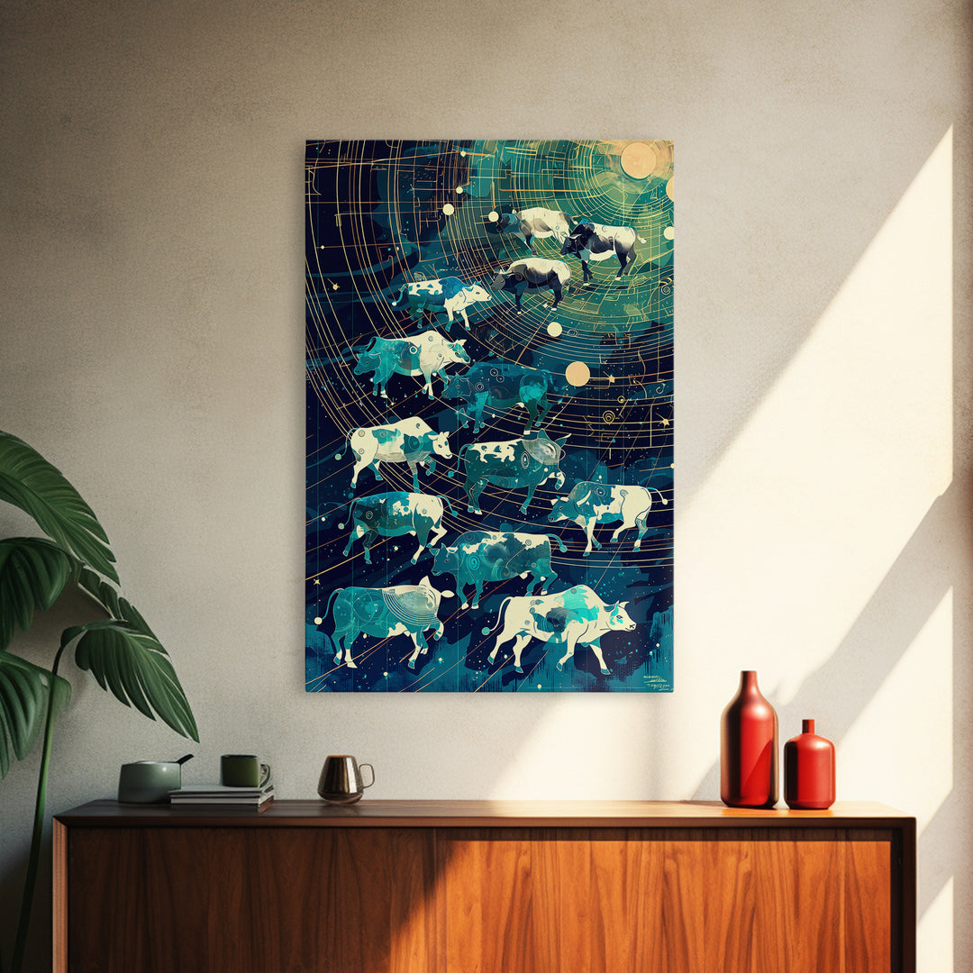Celestial Cattle Herd Under Golden Star Map, Wall Art, Farm Animal Painting, Modern Canvas Art, Rustic Decor, Unique Gift