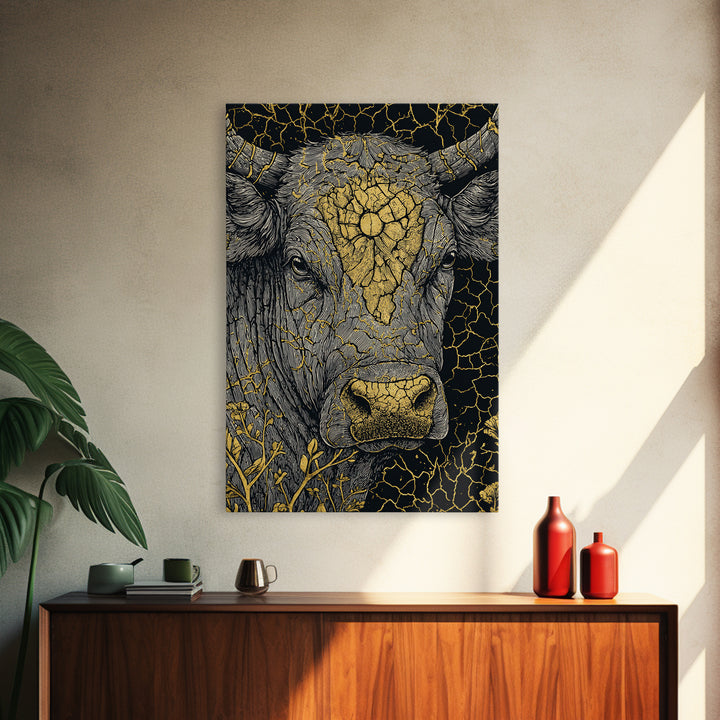 Cracked Gold Bull Portrait With Horns, Framed Canvas Print, Animal Wall Art, Black And Gold Art, Rustic Decor Statement Piece