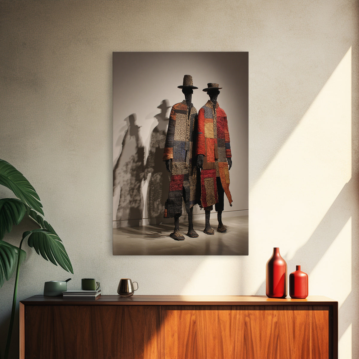 Patchwork African Textile Figures In Hats, Framed Canvas Print, African Art Sculpture, Tribal Decor, Cultural Home Decor Gift