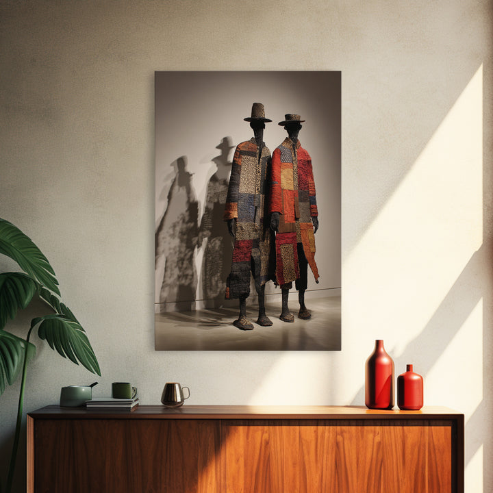 Patchwork African Textile Figures In Hats, Framed Canvas Print, African Art Sculpture, Tribal Decor, Cultural Home Decor Gift