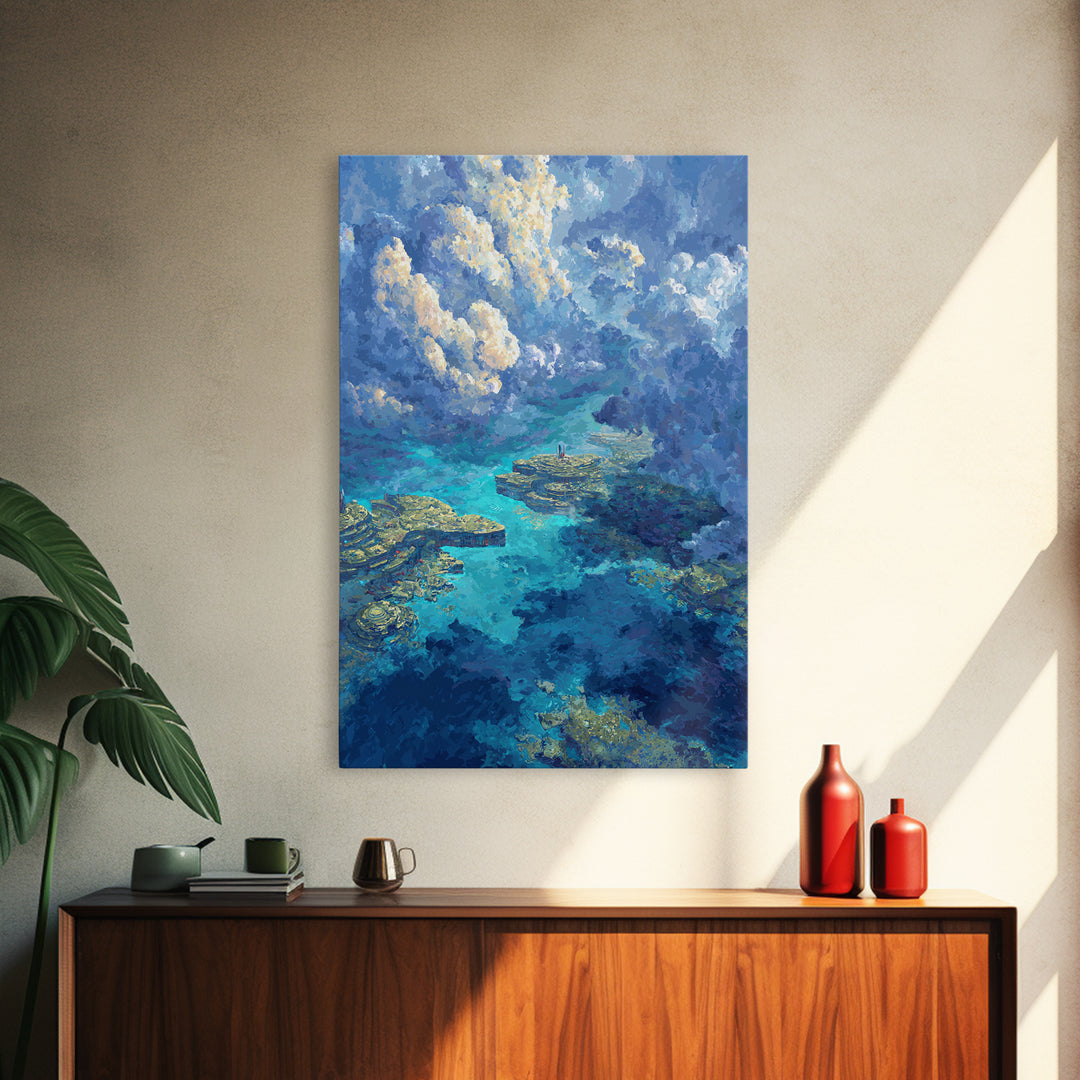 Dreamy Turquoise Ocean And Cloudscape Wall Art, Blue Nature Scene Art, Coastal Fantasy Landscape, Modern Canvas Decor Gift