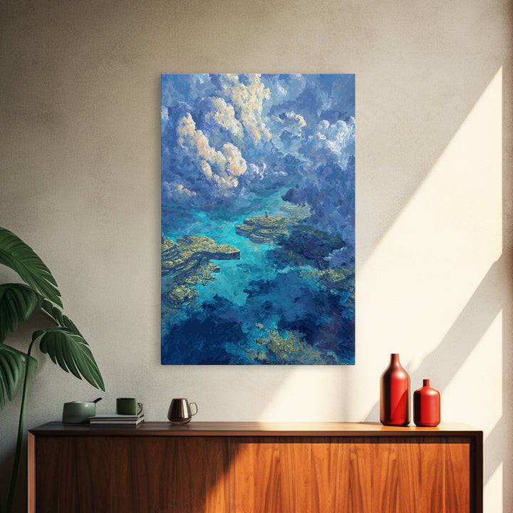 Dreamy Turquoise Ocean And Cloudscape Wall Art, Blue Nature Scene Art, Coastal Fantasy Landscape, Modern Canvas Decor Gift
