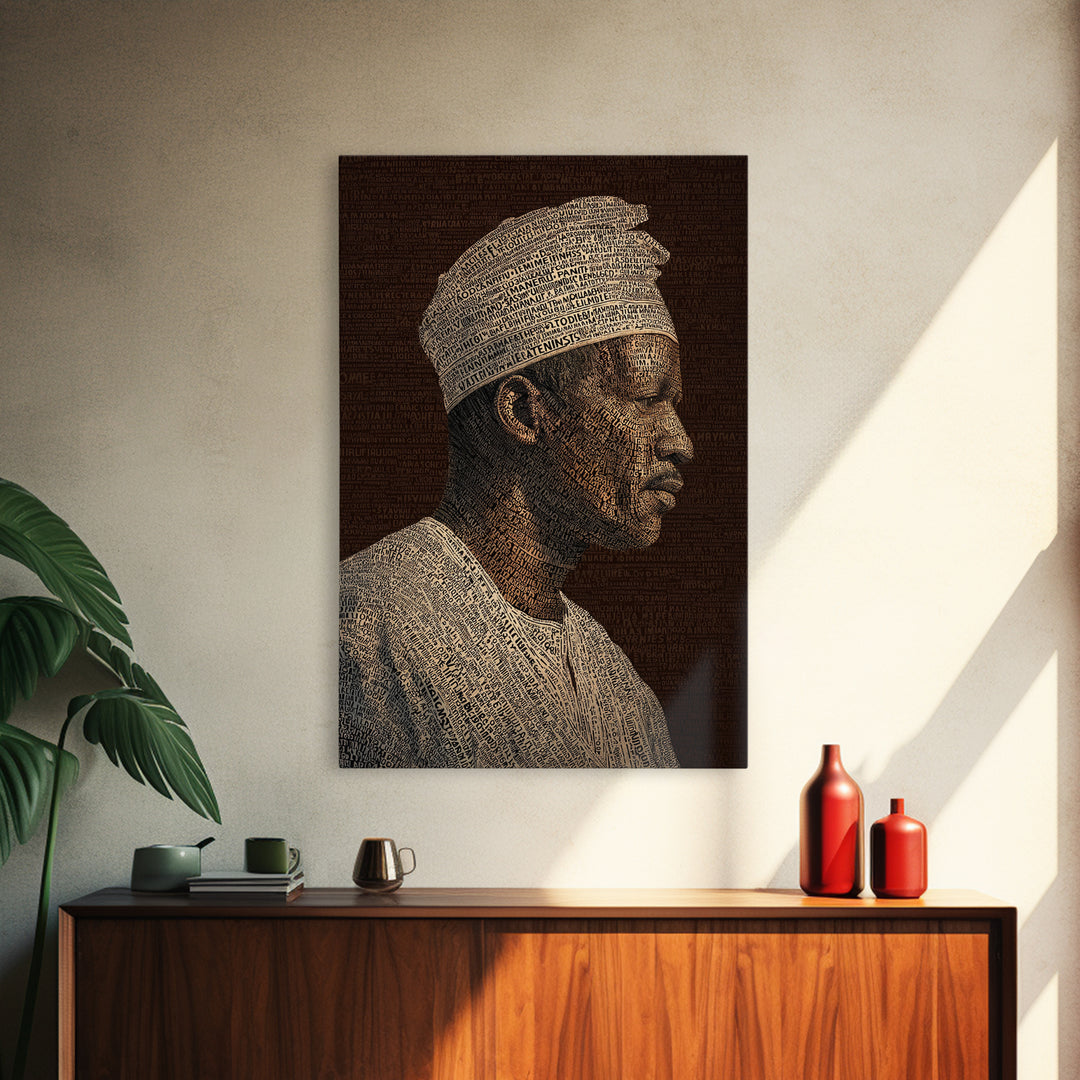Sepia African Man Profile In Text Canvas Print, Black Man Artful Portrait, African American Art, Cultural Wall Decor Gift