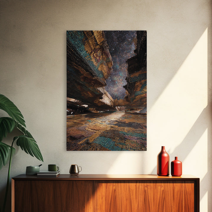 Starry Canyon African Landscape Wall Art, Ethnic Texture Night Sky Print, Earth Tone Boho Decor, Unique Canvas Gift For Home