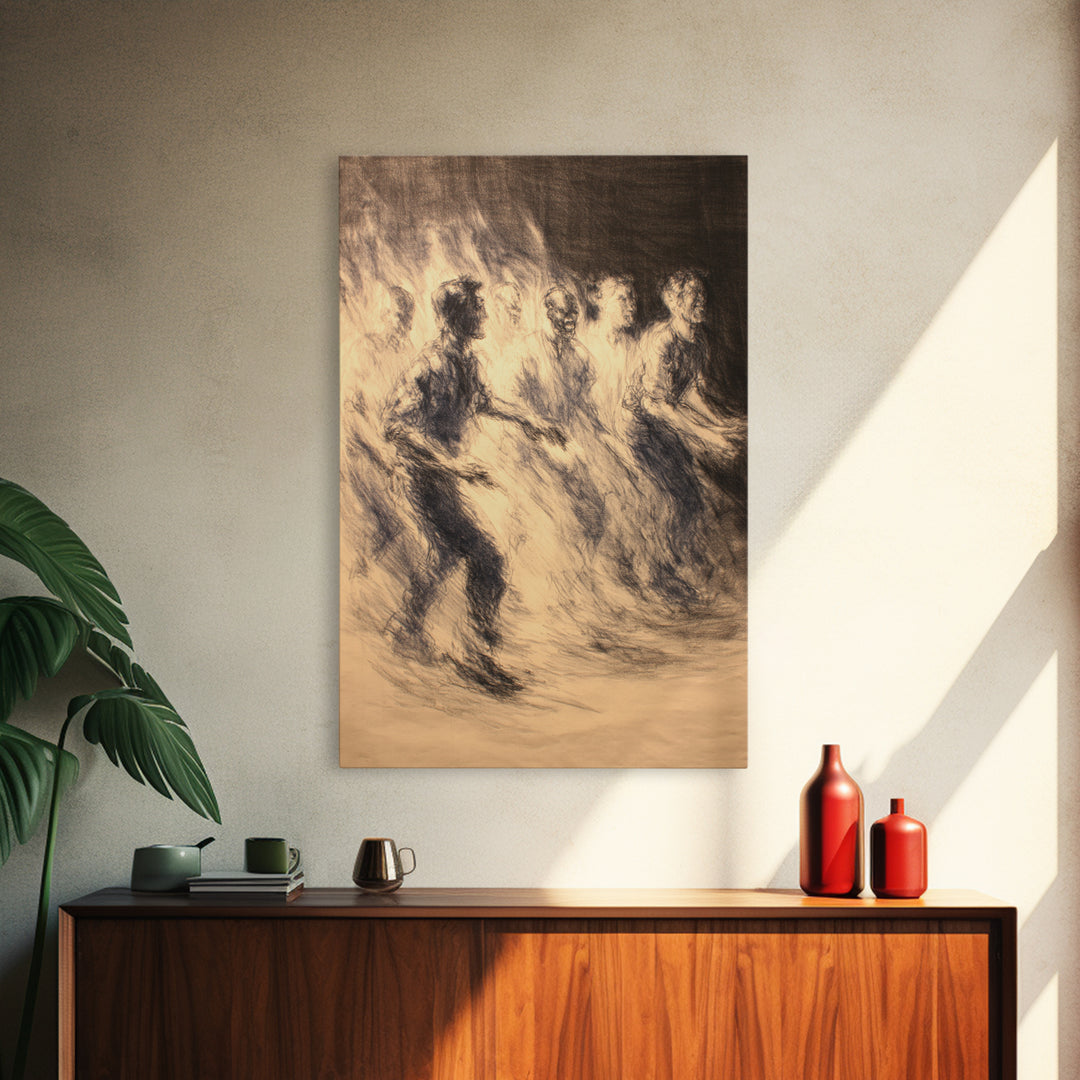 Sepia African Dancers Canvas Print, Expressive Charcoal Figure Art, Cultural Wall Decor, Motion Study For Living Room Decor