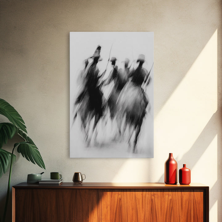 Blurred African Warriors Framed Canvas Print, Tribal Horsemen Wall Decor, Black And White Safari Art, Cultural Home Gift