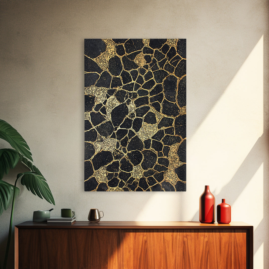 Black Gold Abstract Wall Art, Kintsugi Inspired Pattern Canvas, Luxury Modern Decor, Geometric Texture Print, Stylish Home Gift