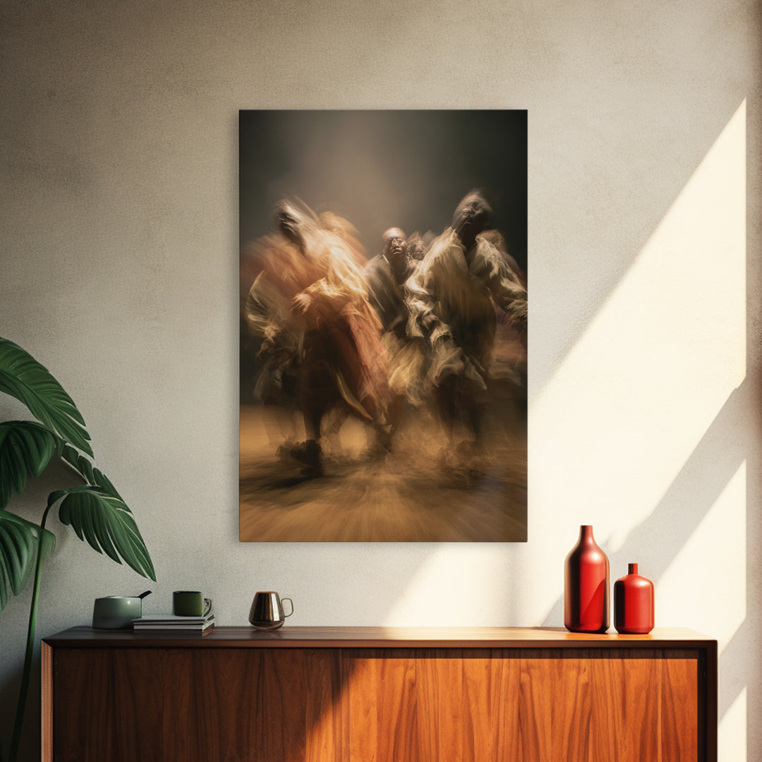 Golden African Dancers Framed Canvas Print, Expressive Motion Painting, Afrocentric Cultural Wall Decor, Dramatic Home Gift