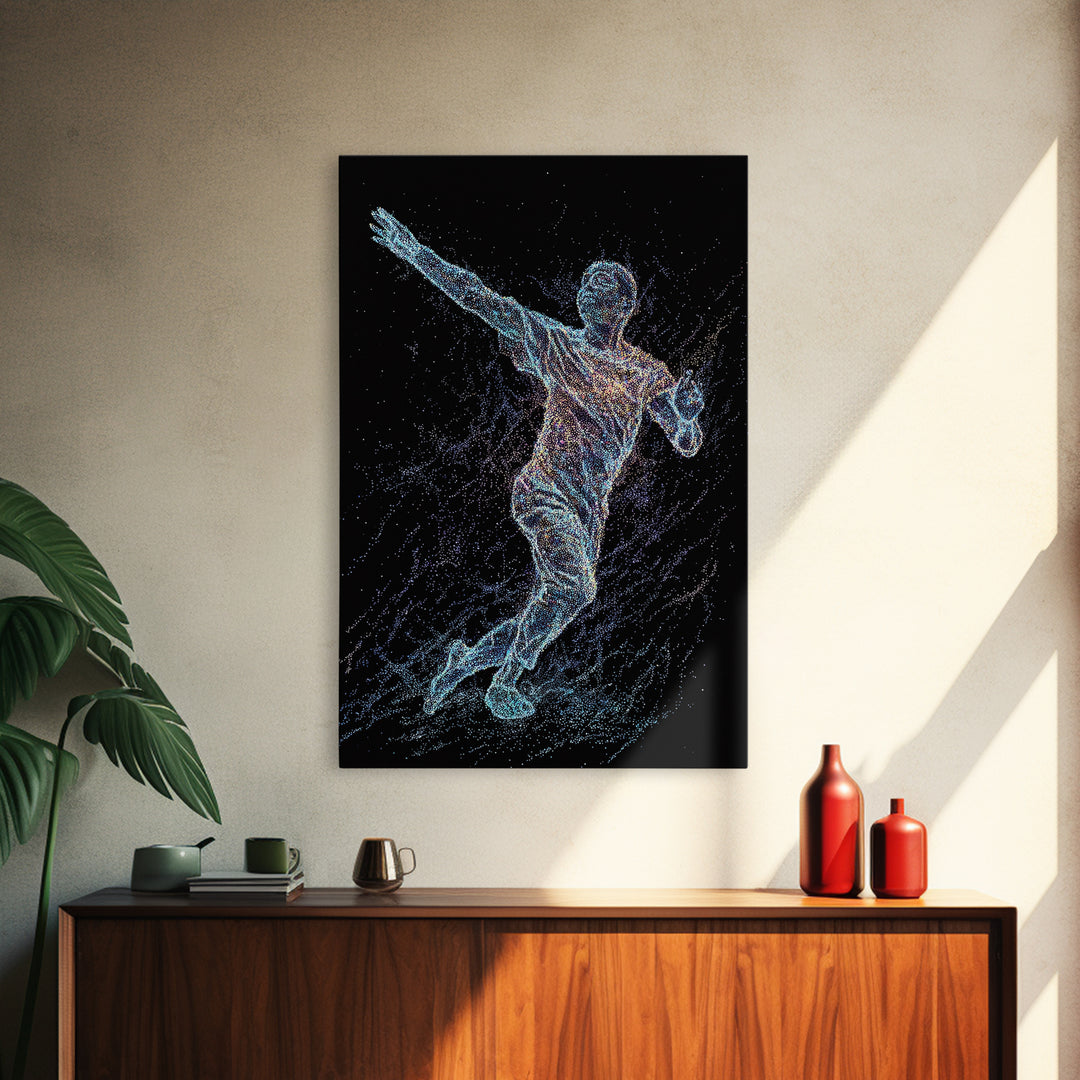 Glowing Soccer Player In Motion, Black Wall Art, Modern Canvas Print, Athletic Sports Decor, Futuristic Digital Art Gift