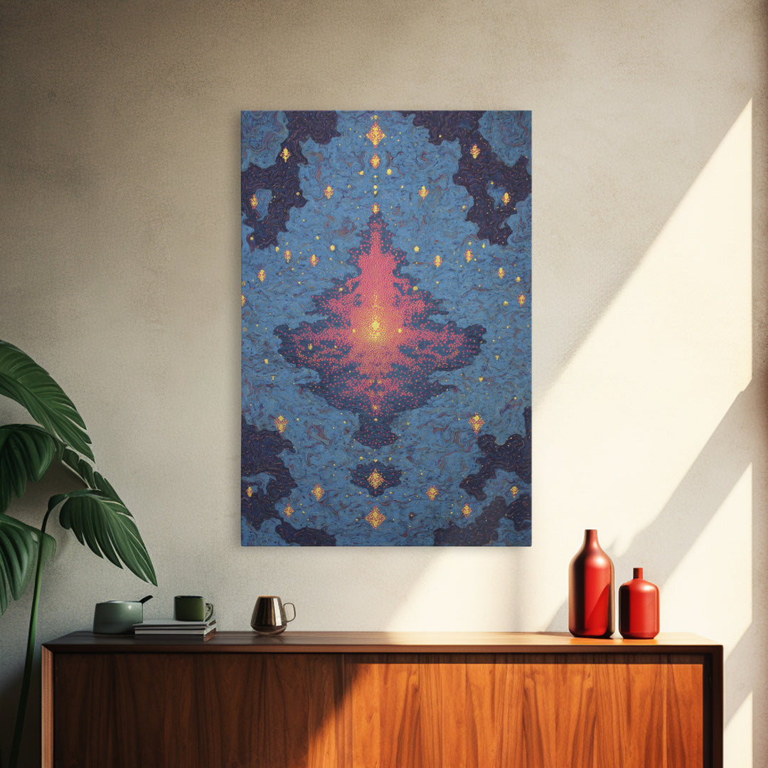 Blue Pink Glowing Mandala Reflection, Abstract Wall Art, Modern Canvas Print, Spiritual Meditation Room Decor, Colorful Gift