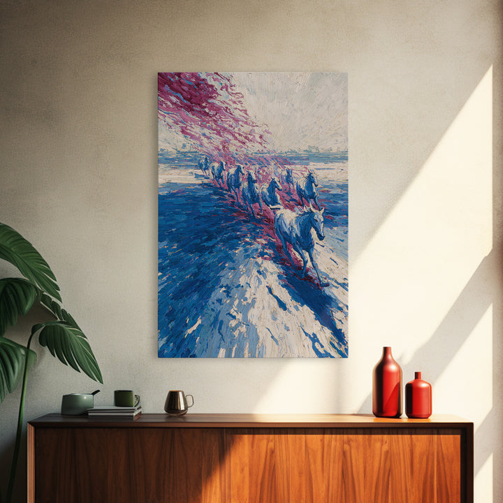 Blue Horses Running On Beach Wall Art, Abstract Coastal Canvas, Wild Horse Painting, Modern Living Room Decor Statement Gift