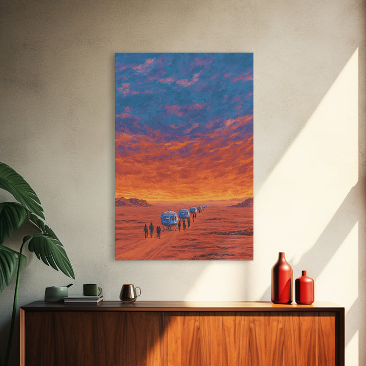Futuristic Desert Convoy At Sunset Wall Art, Orange Sci Fi Landscape, Mars Travel Poster, Modern Canvas Statement Decor Gift