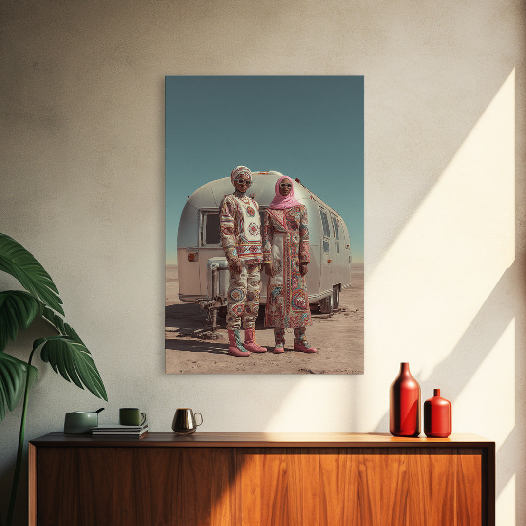 Afrofuturist Desert Couple Framed Canvas Print, African Fashion Portrait, Unique Camper Travel Wall Decor, Black Art Gift