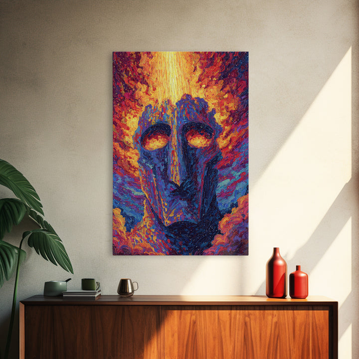 Fiery African Mask Canvas Print, Abstract Tribal Face Painting, Afrocentric Wall Decor, Modern Colorful African Art Gift
