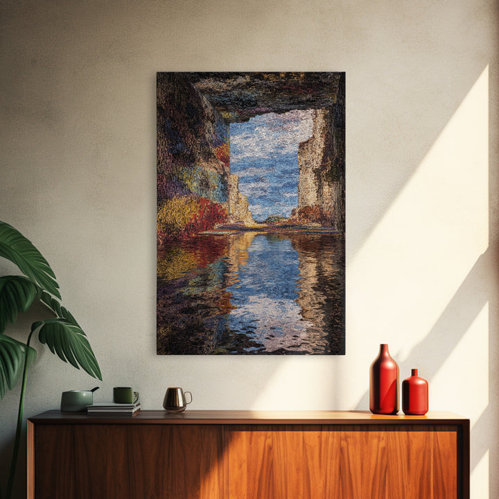 Ocean Cave Reflection Wall Art, Impressionist Seascape Painting, Coastal Landscape Canvas, Nature Scene Living Room Decor