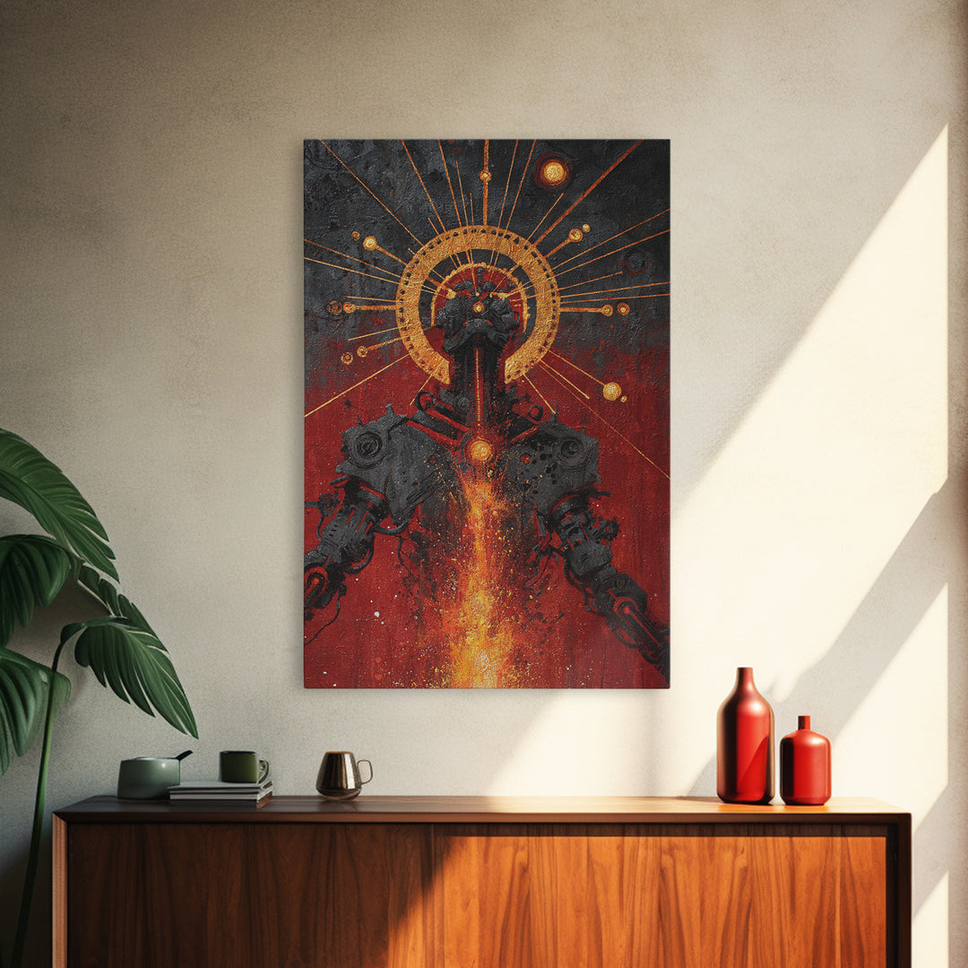 Black Android With Golden Halo Framed Canvas Print, Afrofuturism Wall Art, Red Fire Robot Portrait, Spiritual Decor Gift
