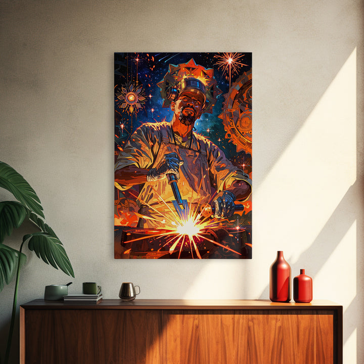 Regal Black Welder Forging Sparks Wall Art, Afrocentric Industrial Portrait, Black Man Art, Modern African Art Decor Gift