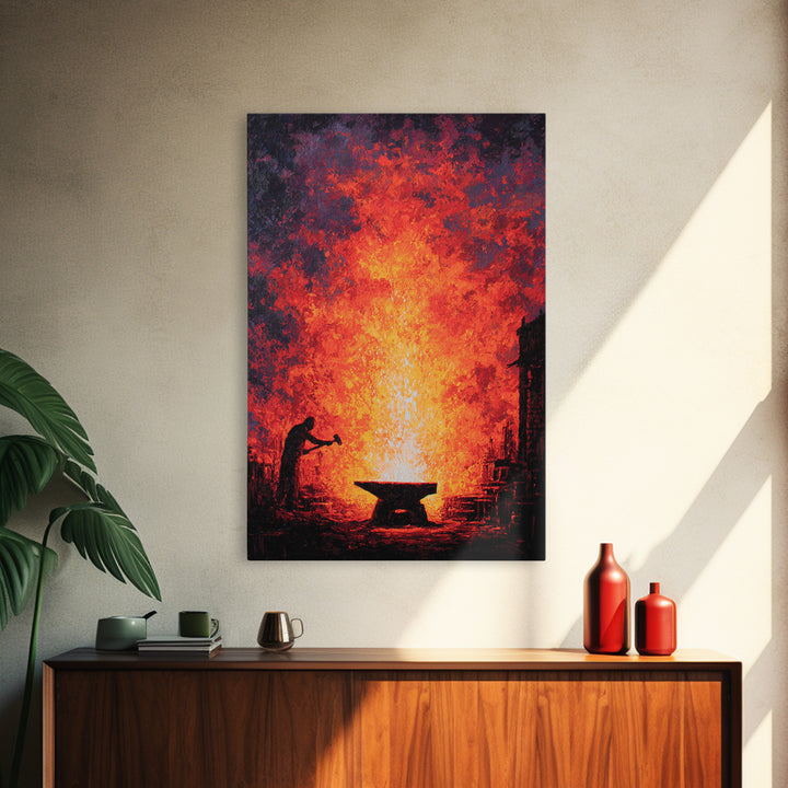 Lone Blacksmith Before Blazing Forge Wall Art, Fiery African Inspired Painting, Rustic Industrial Home Decor Gift For Him
