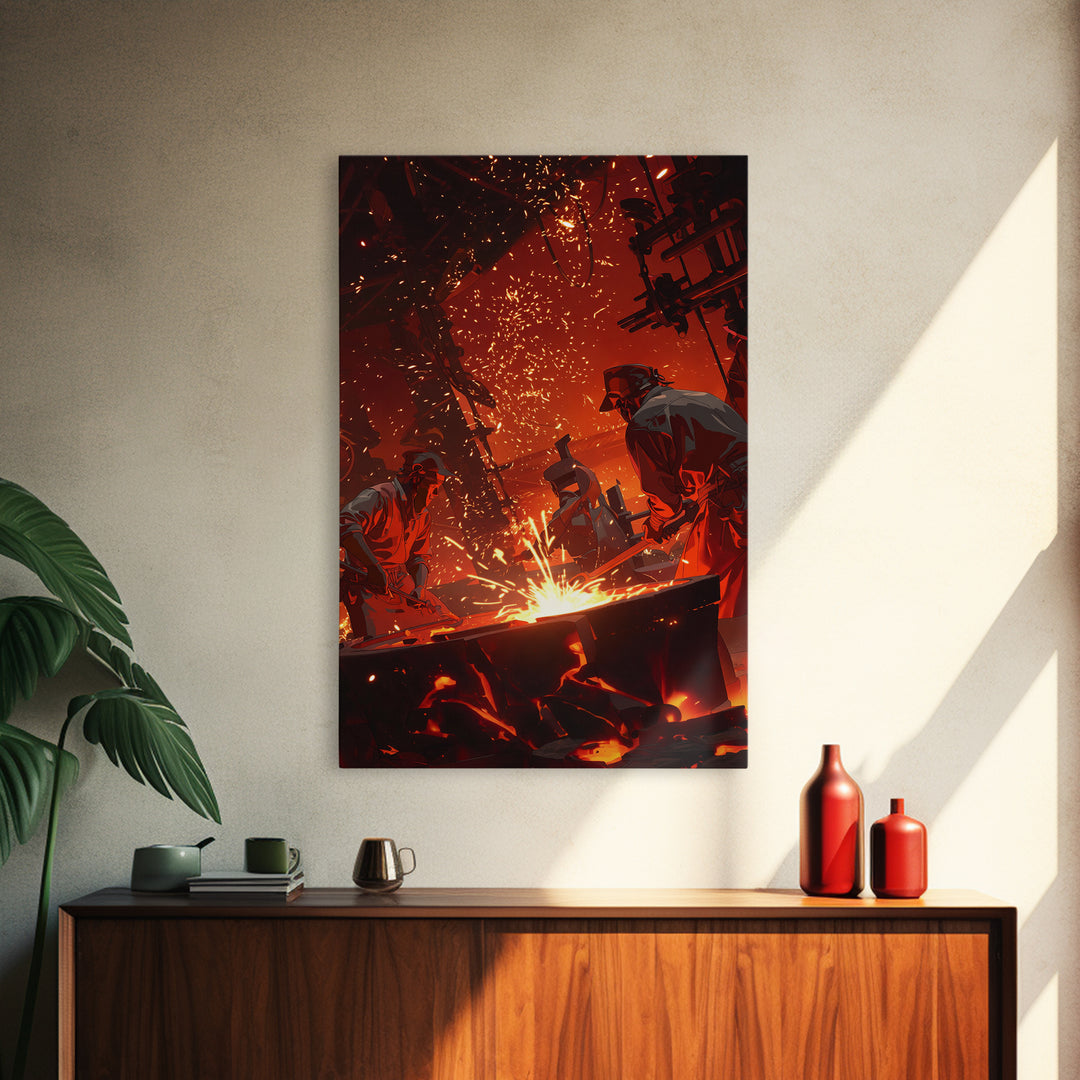 Two Foundry Workers Amid Sparks Framed Canvas Print, Fiery Industrial Wall Art, African Inspired Workshop Decor For Him Gift