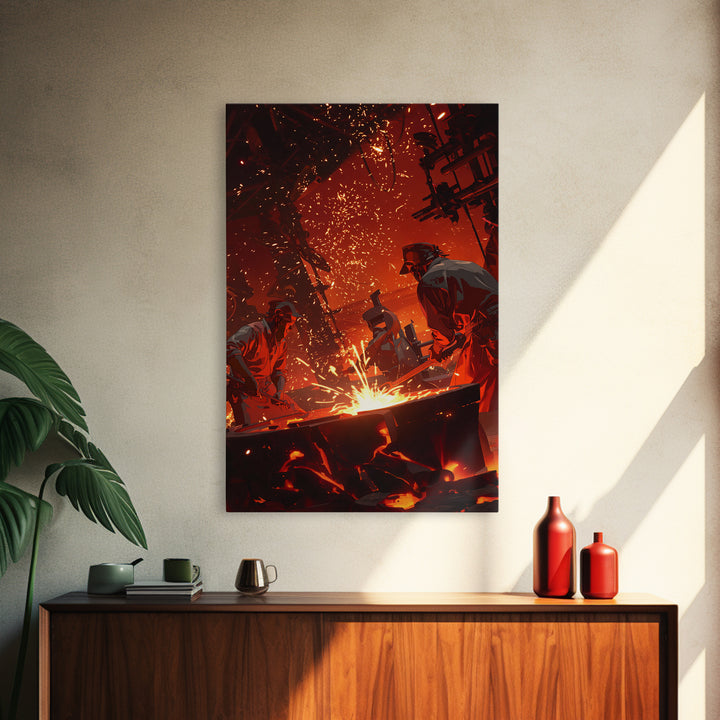 Two Foundry Workers Amid Sparks Framed Canvas Print, Fiery Industrial Wall Art, African Inspired Workshop Decor For Him Gift