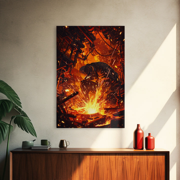 Crouching Welder In Fiery Workshop Canvas Print, Industrial Black Art, Orange Sparks Wall Decor, Unique Home Decor Gift Idea