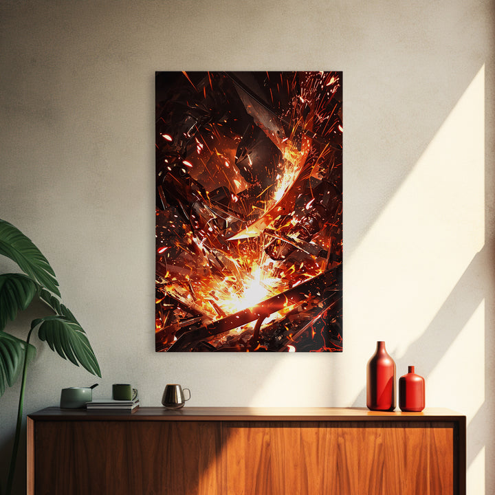 Close Up Welding Sparks And Metal Framed Canvas Print, Dark Industrial Wall Art, Blacksmith Workshop Home Decor Gift For Him