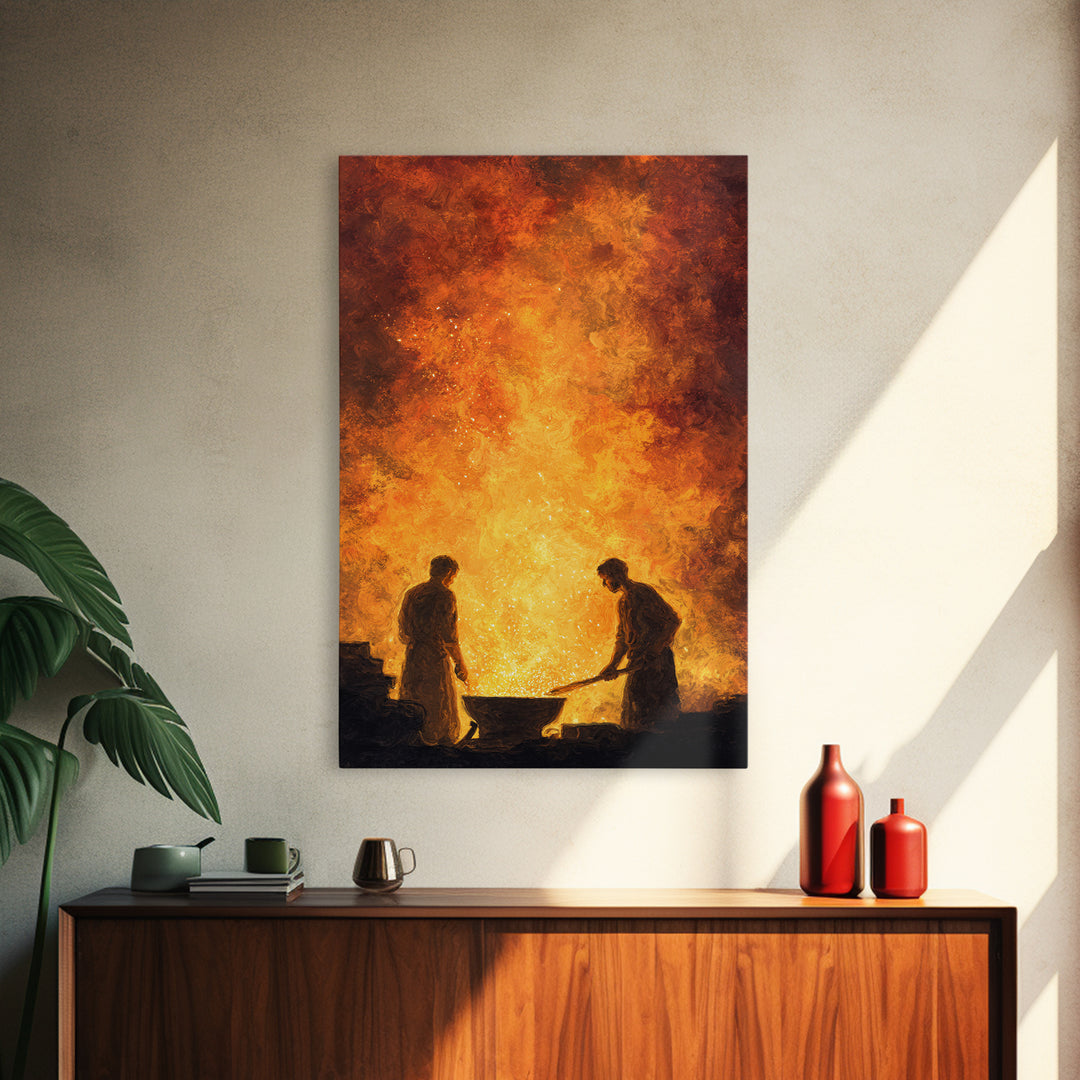 Two Blacksmiths Tending Glowing Forge Wall Art, Fiery African Inspired Painting, Rustic Workshop Home Decor Gift For Him