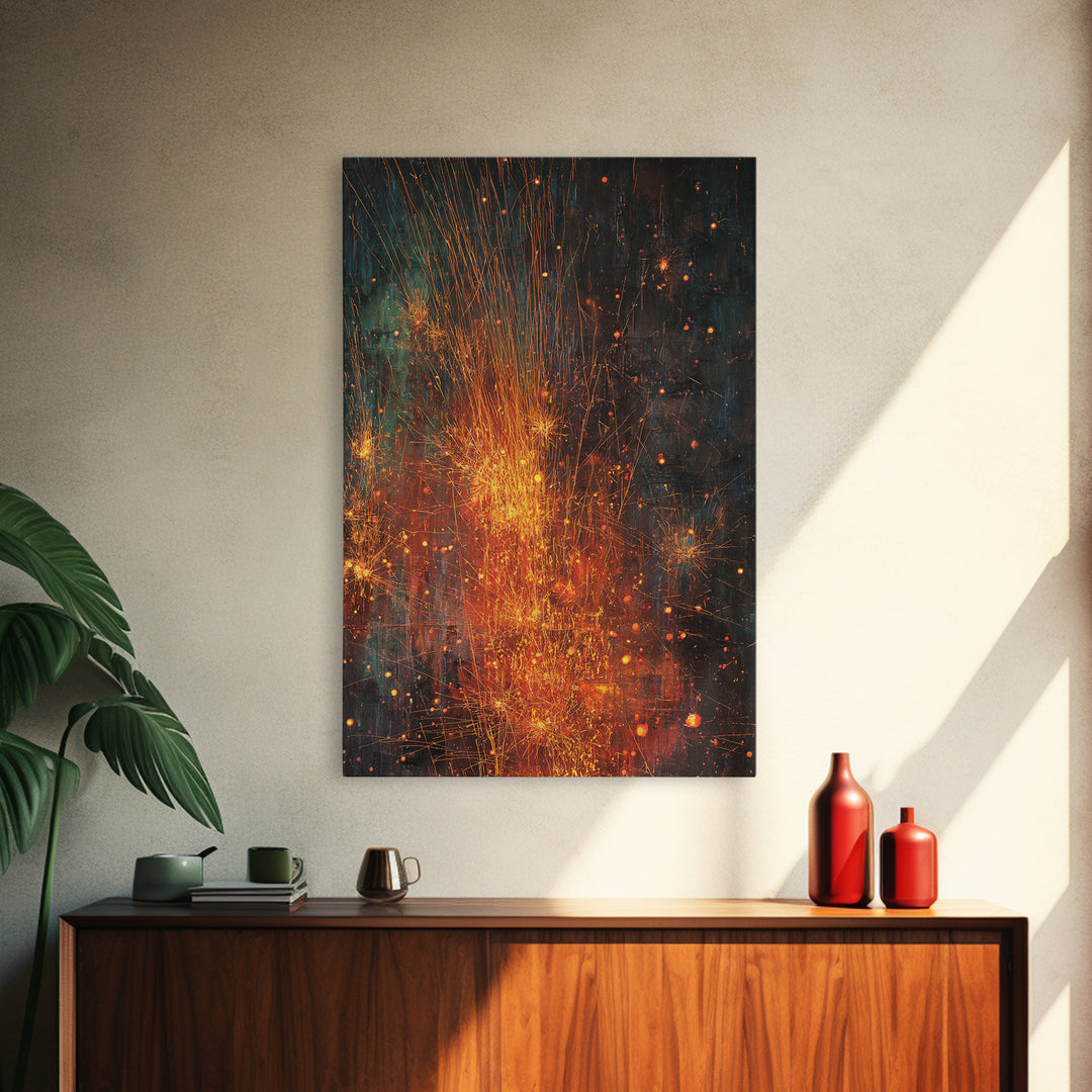 Abstract Fire Sparks Texture Canvas Print, Orange Black Industrial Wall Art, Modern Abstract Art, Unique Home Decor Gift