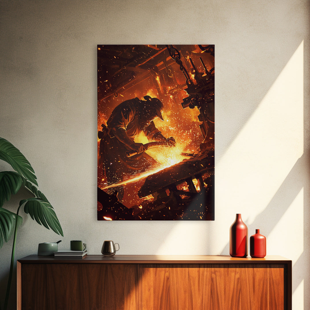 Blacksmith Hammering Hot Steel Framed Canvas Print, Fiery Industrial Wall Art, African Inspired Workshop Decor Gift For Him