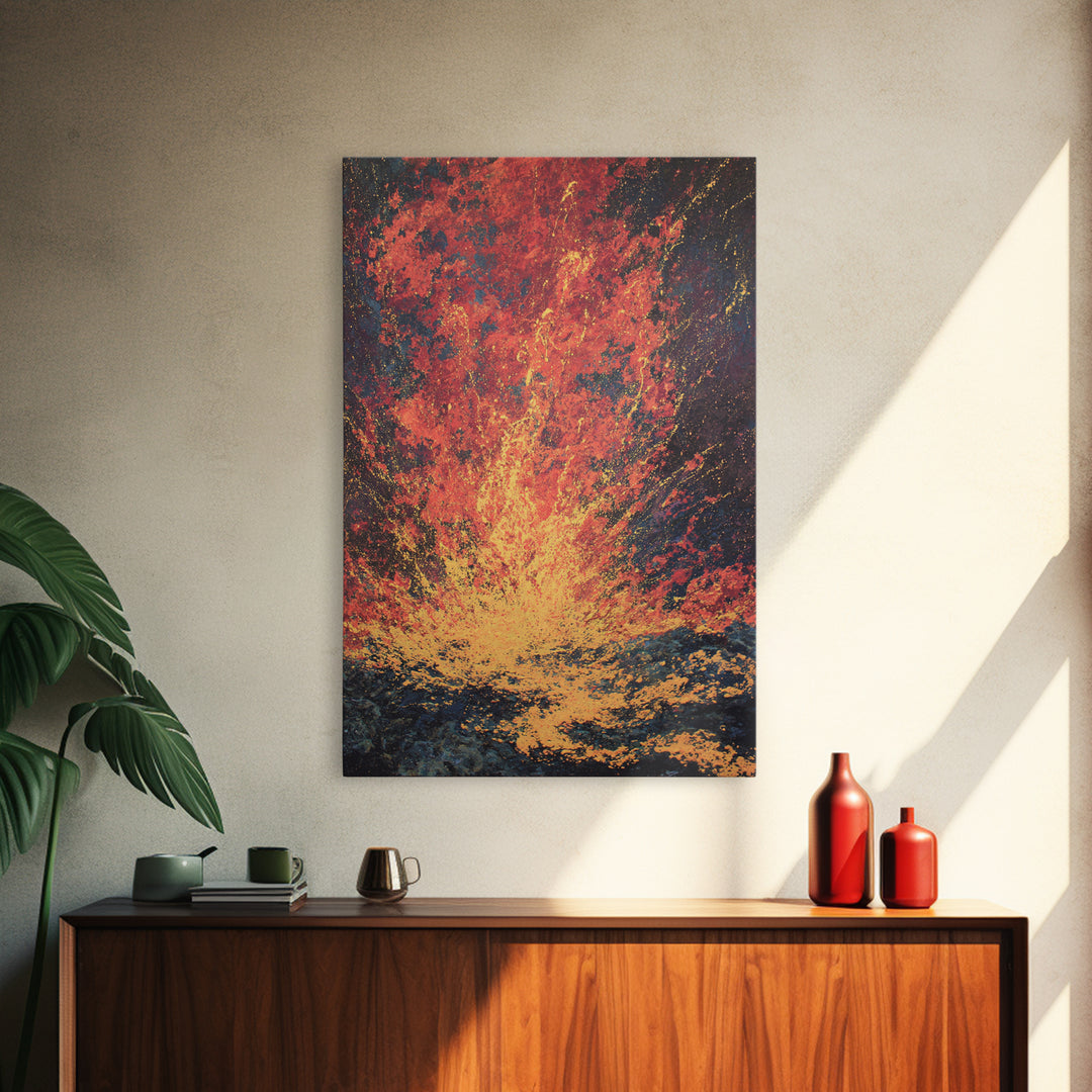Fiery Lava Eruption Abstract Wall Art, Red Orange Volcano Painting, Bold Modern Canvas Decor, Dramatic Statement Print Gift