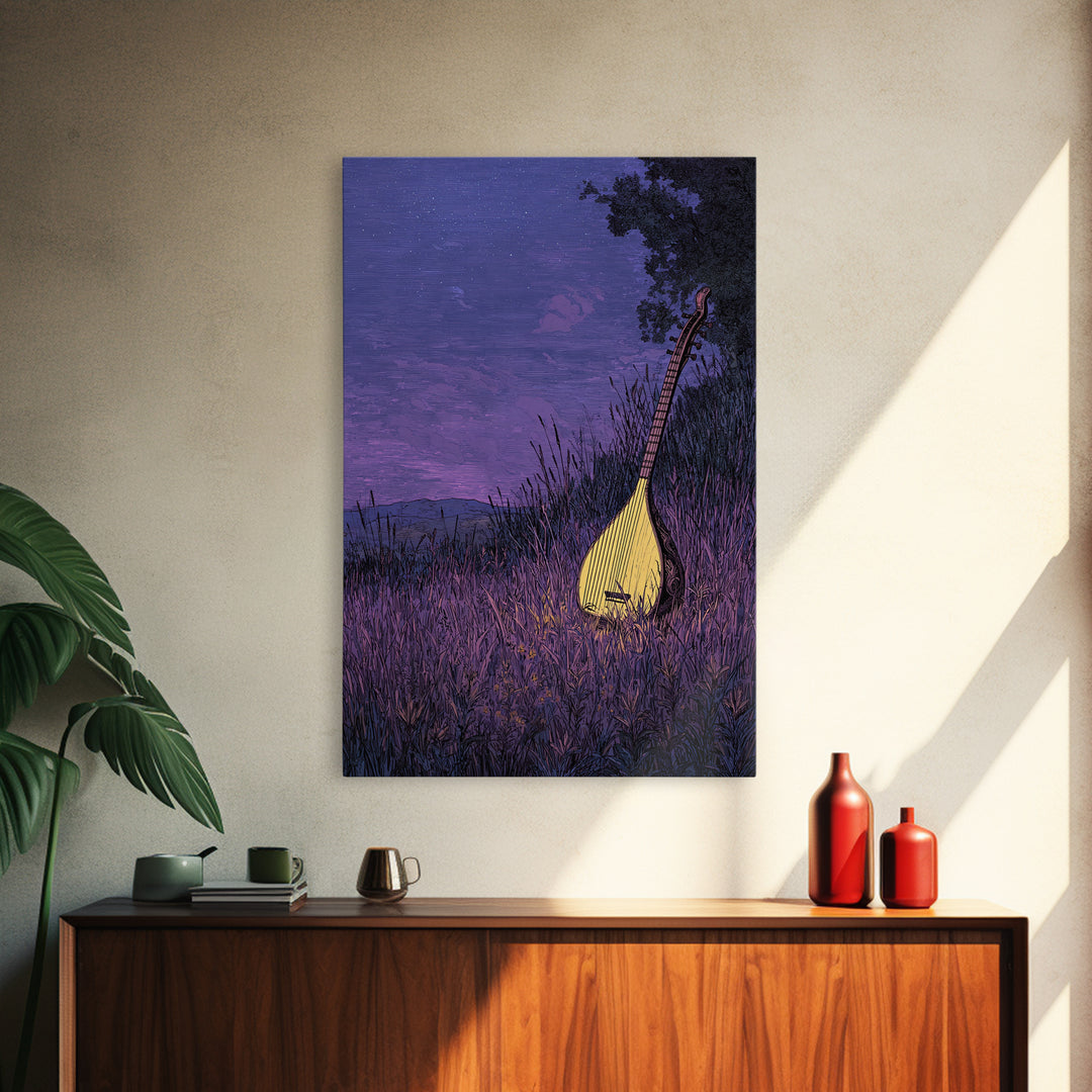Glowing Kora In Purple Grass Wall Art, African Music Night Scene, Afrocentric Decor, Dreamy Cultural Canvas Print, Gift For Music Lovers
