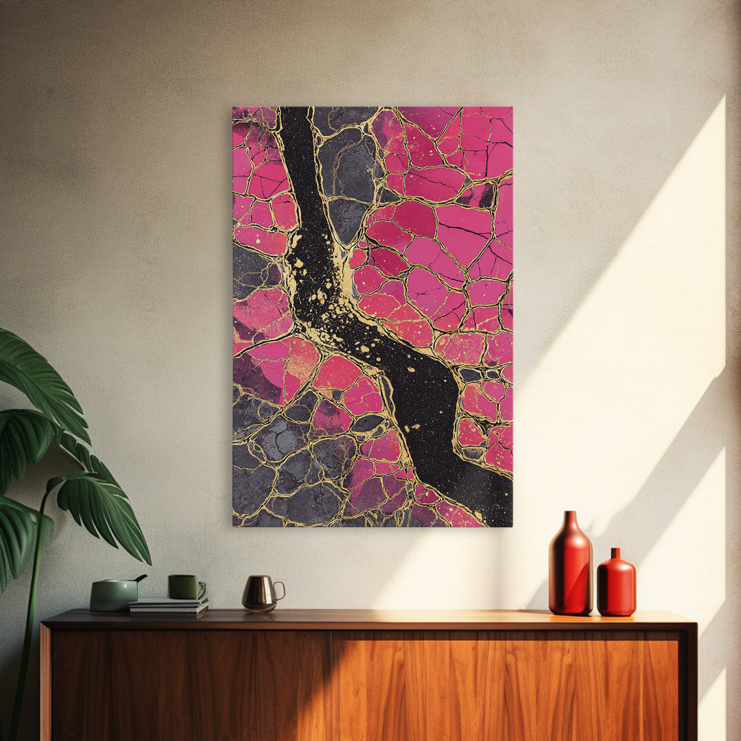 Pink Gold Kintsugi Abstract Wall Art, Cracked Stone Texture Painting, Modern Geometric Decor, Bold Contemporary Canvas Print