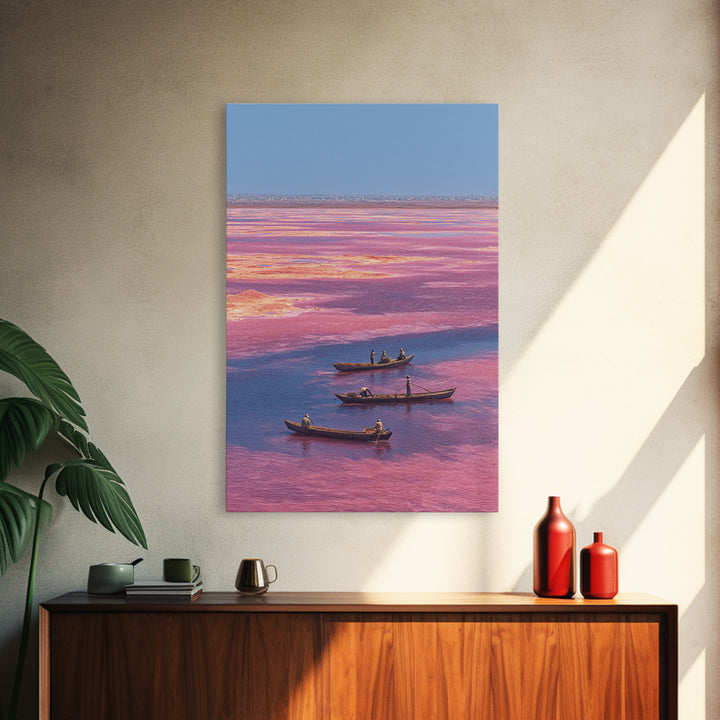Pink Lake Boats African Landscape Wall Art, Senegal Salt Flats Canvas Print, Travel Decor, Serene Coastal Unique Artwork Gift