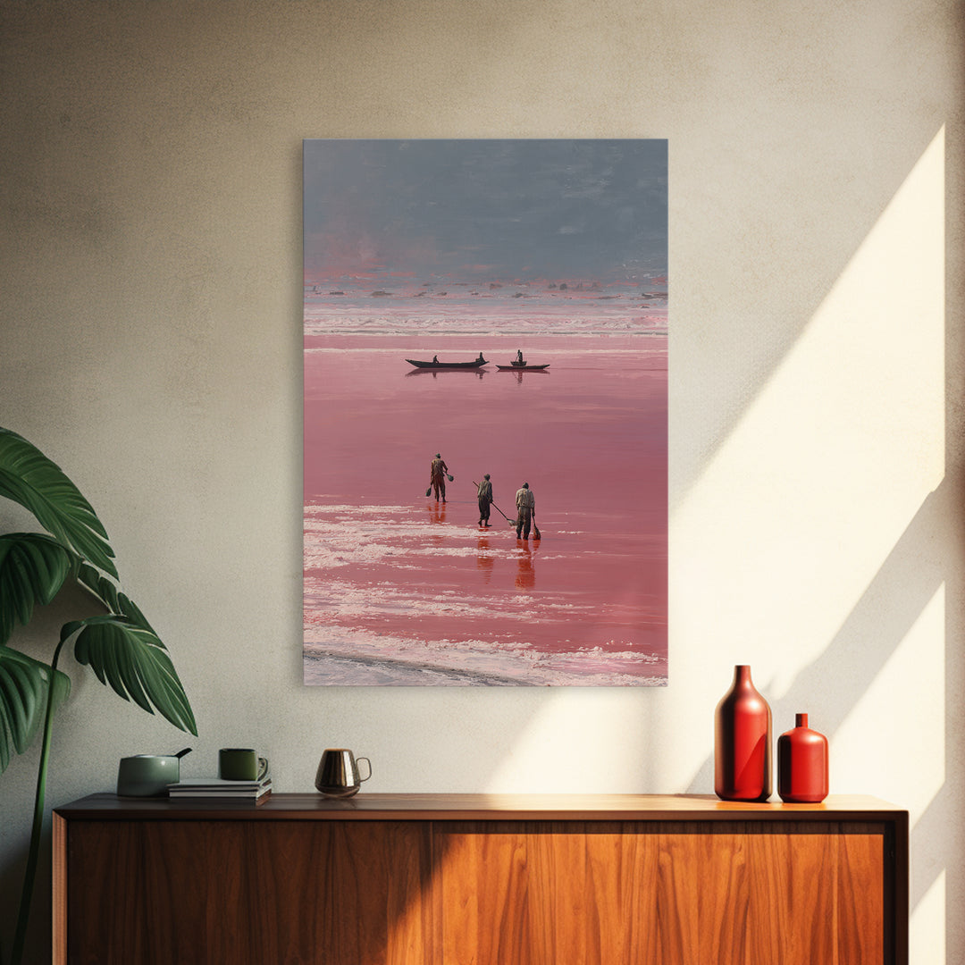 Rose Salt Lake Workers Canvas Print, African Landscape Wall Art, Pink Water Boats, Travel Poster, Serene Home Decor Gift