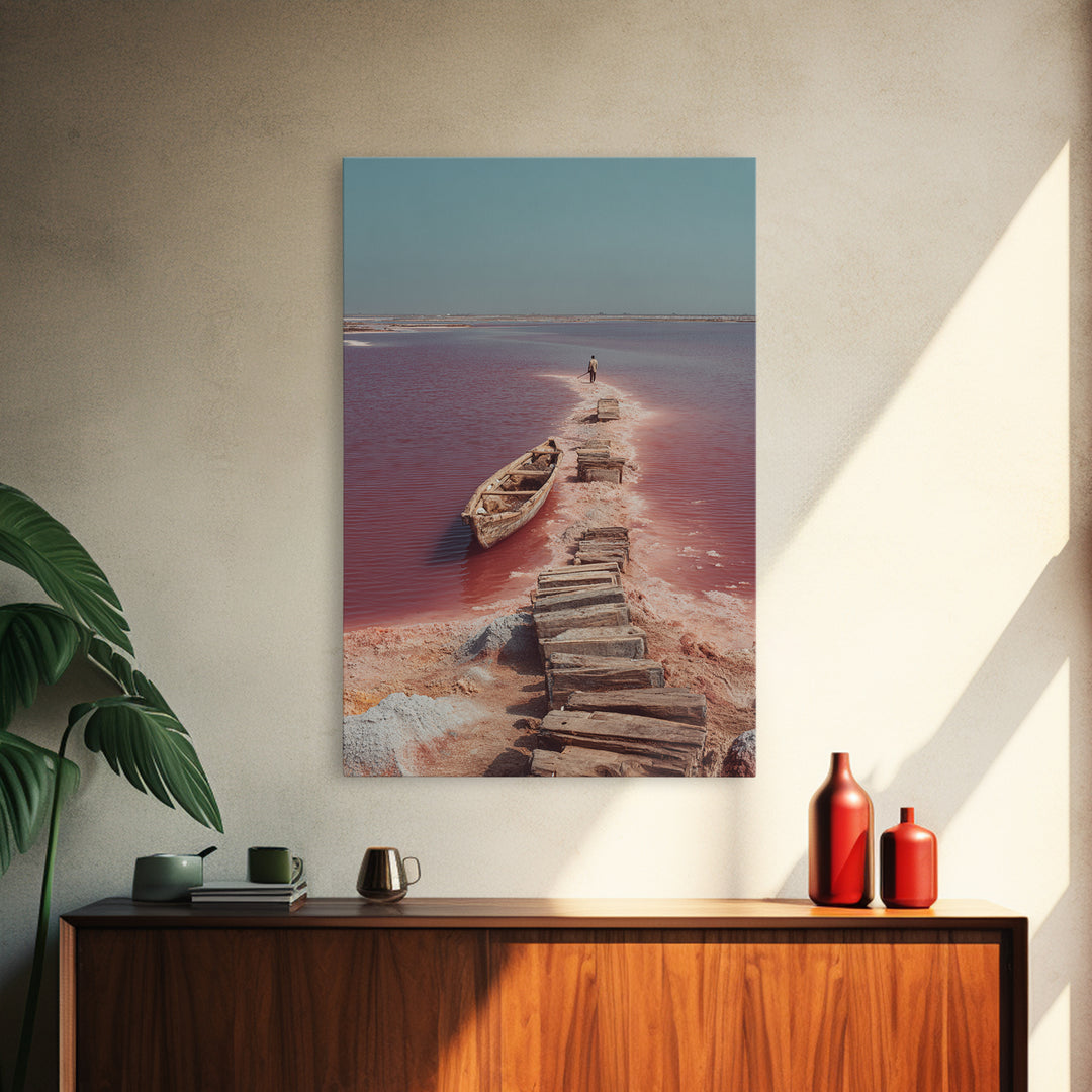 Wooden Path Through Pink Salt Lake Wall Art, African Landscape Canvas Print, Boat Travel Decor, Minimalist Coastal Art Gift