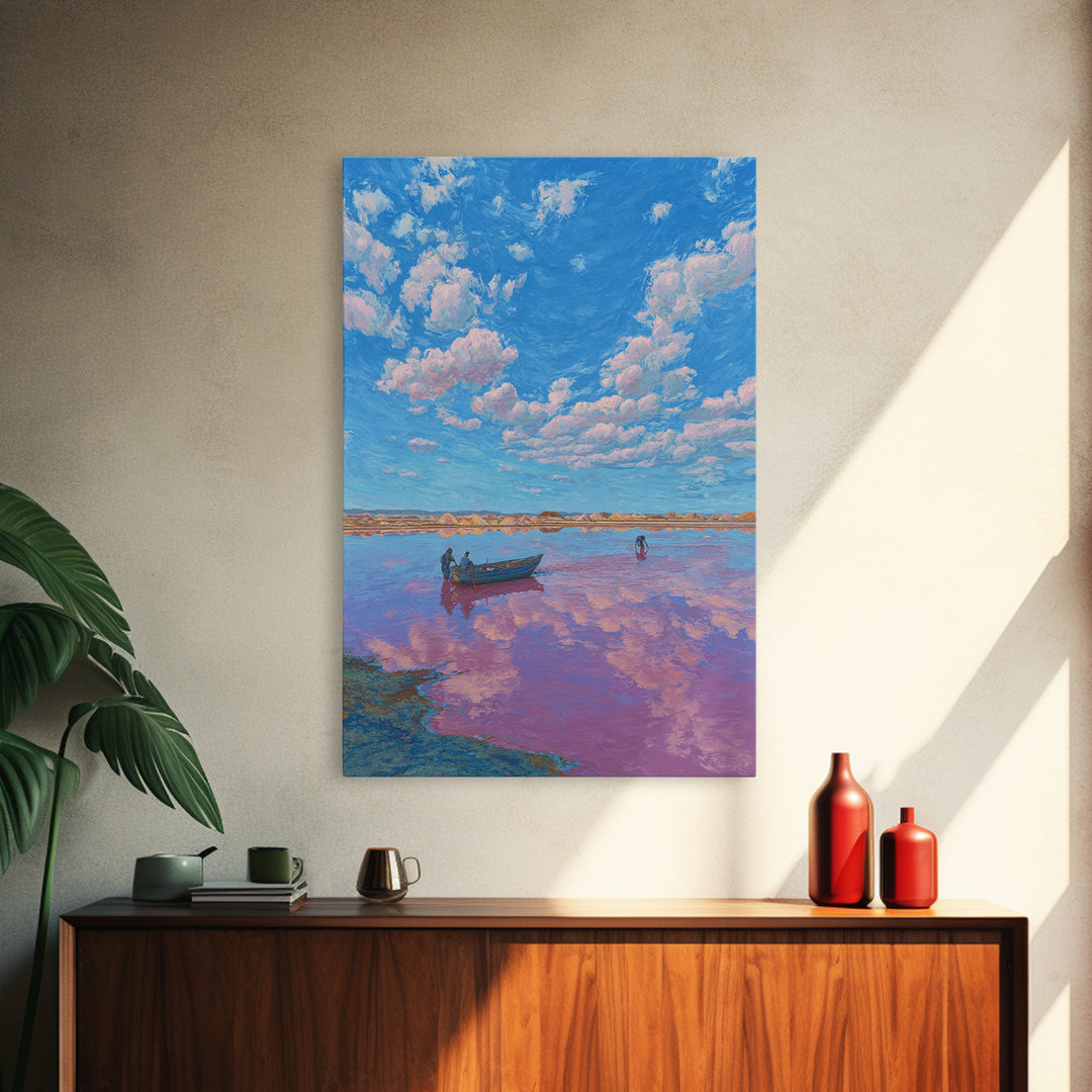 Blue Sky Pink Lake Canvas Print, African Landscape Wall Art, Boat Scene Travel Poster, Dreamy Nature Decor For Living Room