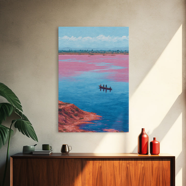 Pink Salt Lake Fishermen Boat Wall Art, African Landscape Canvas Decor, Afrocentric Travel Print, Vibrant Living Room Artwork