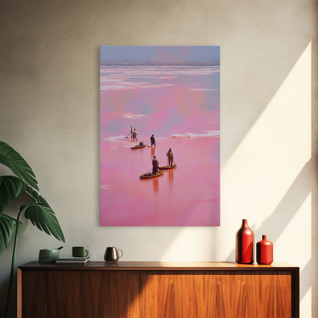 Rose Pink Salt Flats Canoes Canvas Print, African Fishermen Wall Decor, Pastel Safari Art Poster, Unique Home Decor Gift