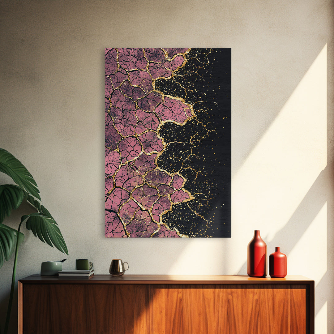 Cracked Pink Black Gold Abstract Wall Art, African Inspired Geometric Texture Print, Luxury Canvas Decor For Modern Home