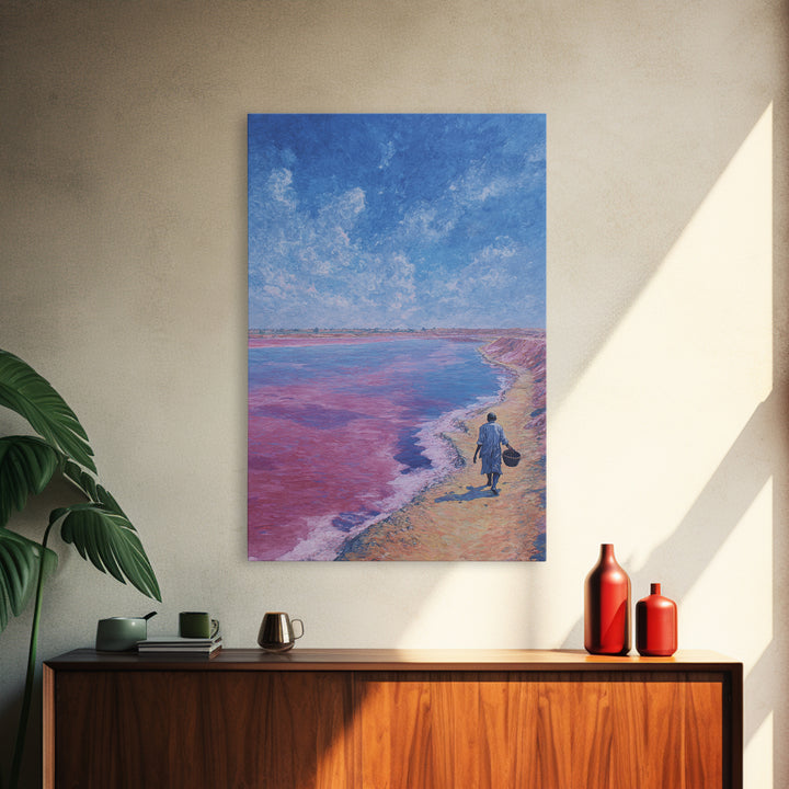 Lone Walker On Pink Shore Framed Canvas Print, African Landscape Wall Decor, Dreamy Lake Painting, Unique Travel Art Gift