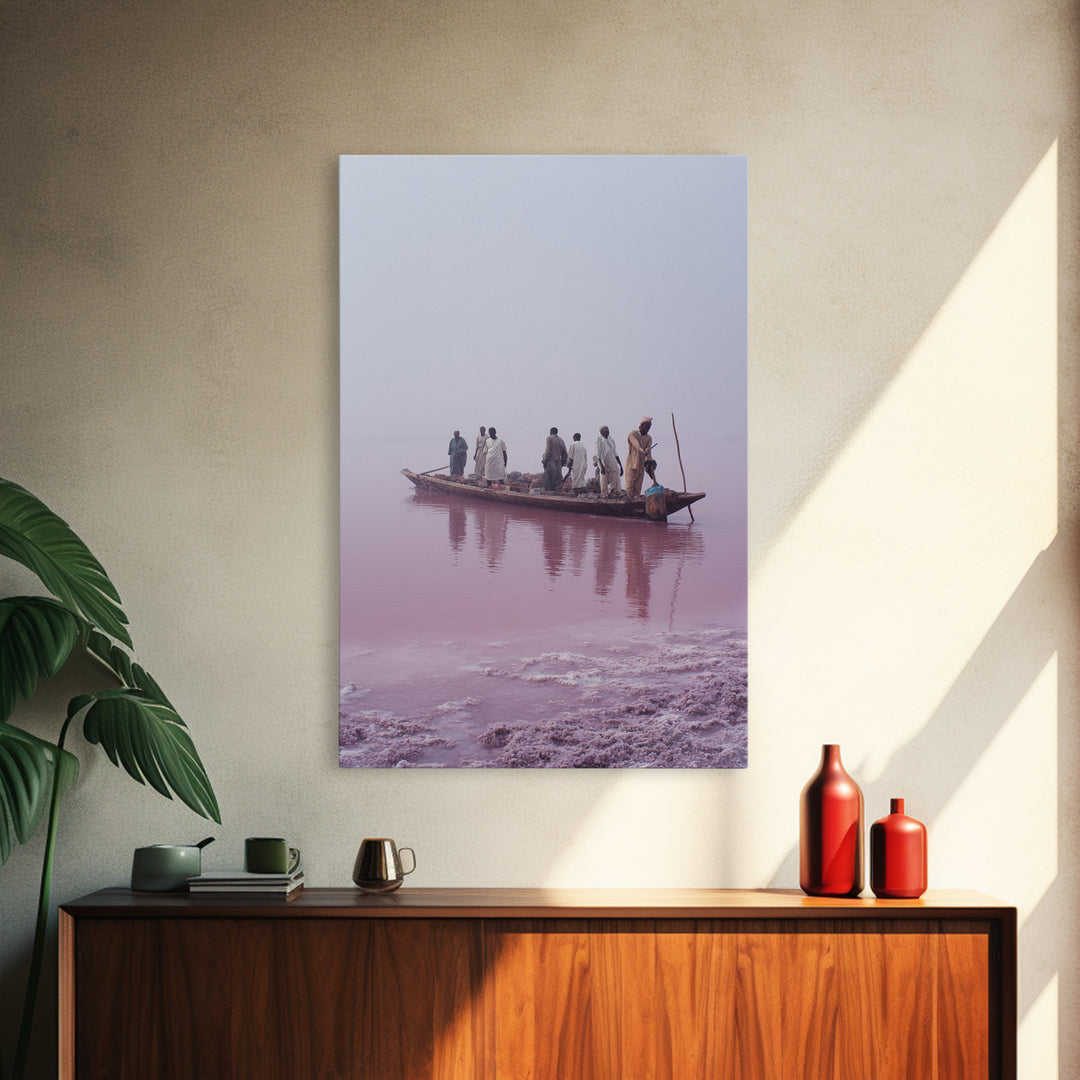 Misty Pink Lake Boat Canvas Print, African Fishermen Wall Art Decor, Minimalist Pastel Landscape, Serene Living Room Art
