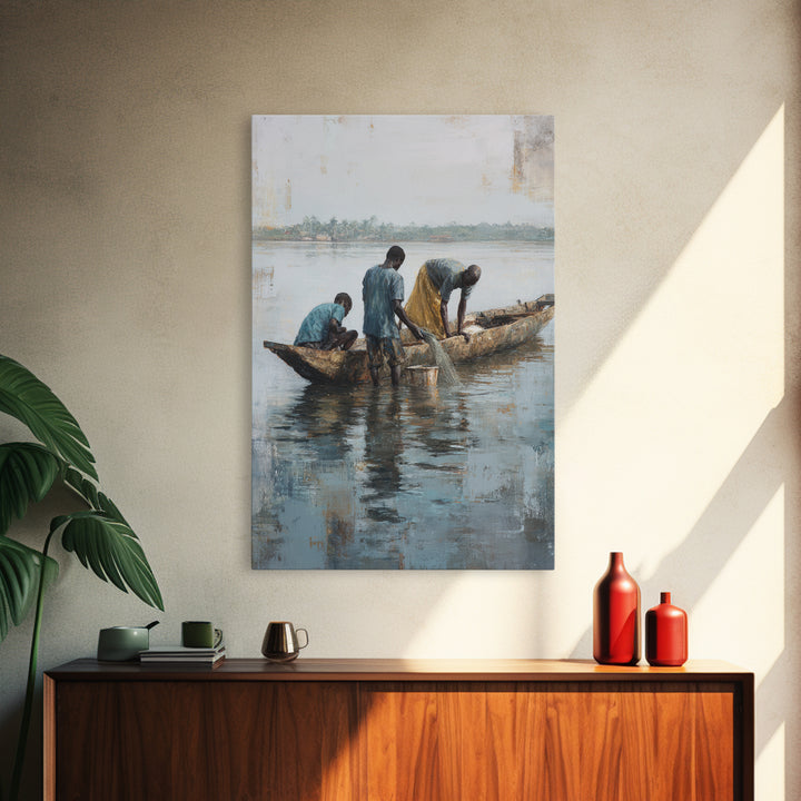Fishermen Washing Nets By Canoe Wall Art, African Painting Canvas Decor, Cultural River Scene, Rustic Living Room Home Decor Gift