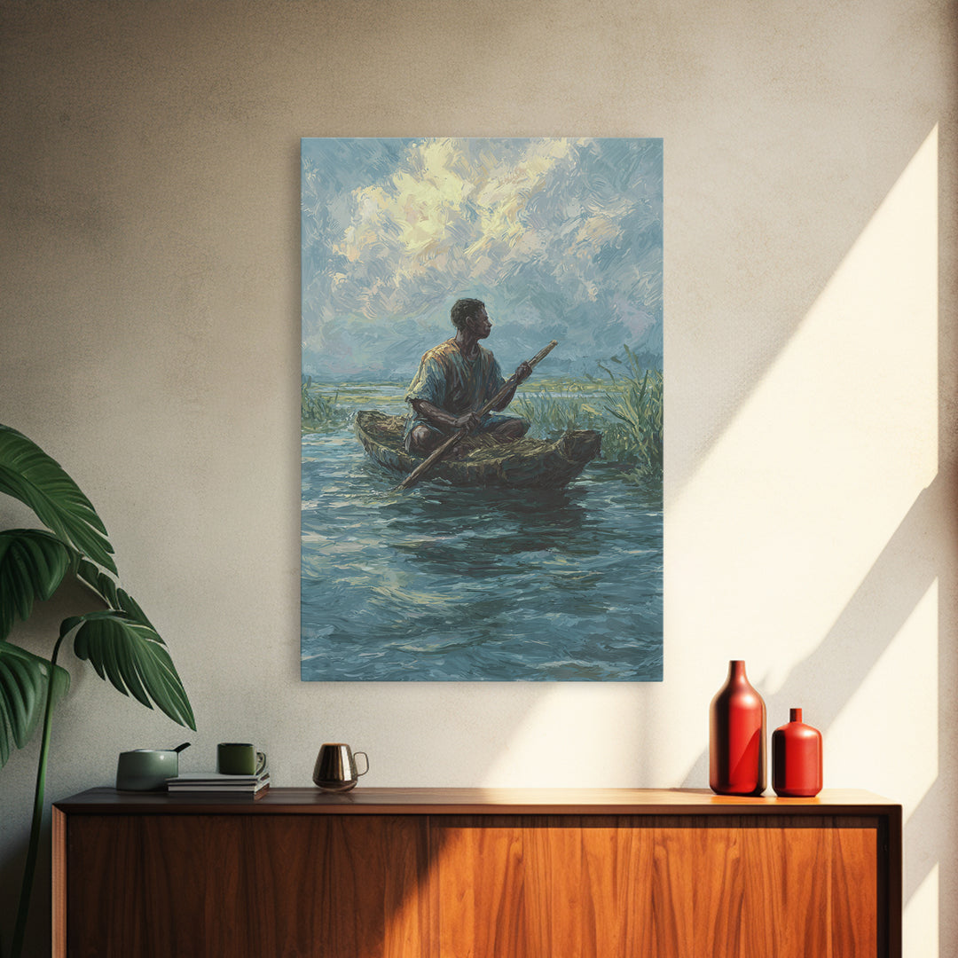 Solitary Canoe Fisherman Under Clouds Wall Art, African Landscape Print, Blue Green Nature Scene, Peaceful Canvas Home Decor